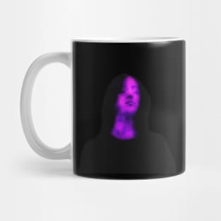 Beautiful girl, with closed eyes. Dark but beautiful. Violet, blue, glow. Mug